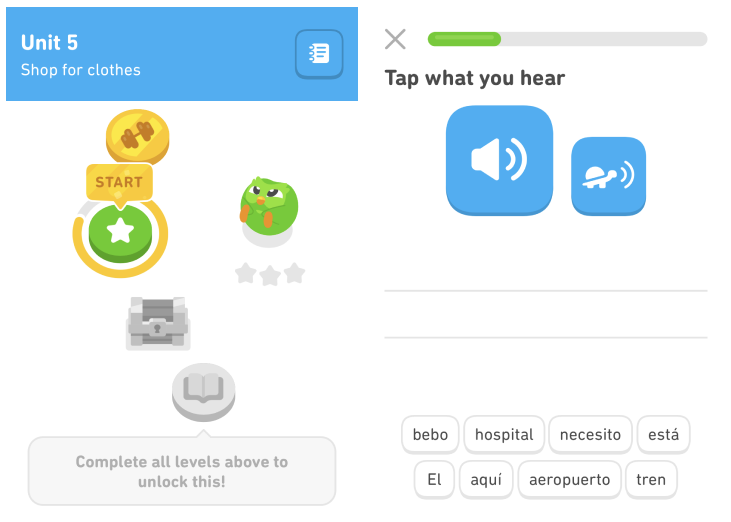 Duolingo interface of homepage and an excercise