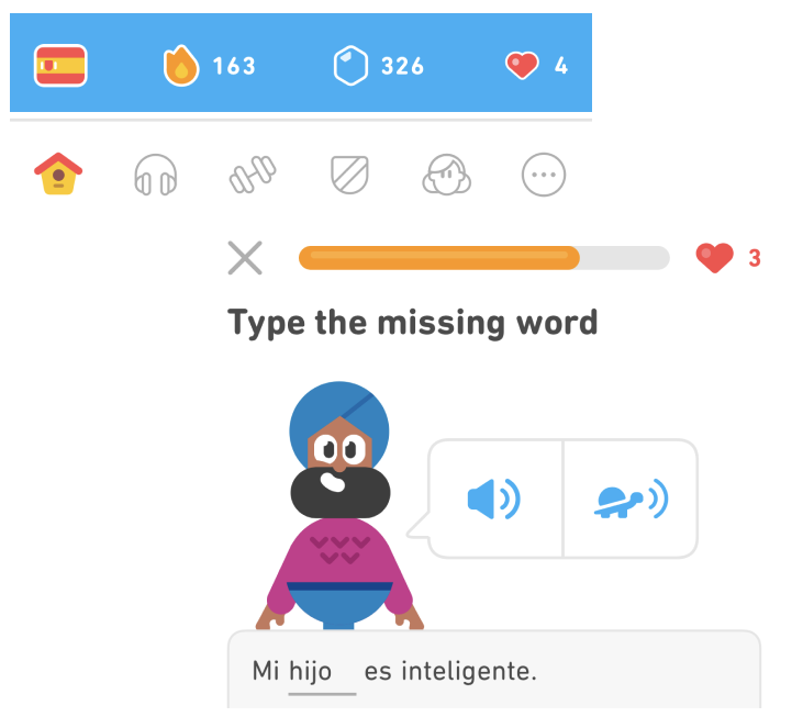 Duolingo interface with icons, and an example excercise