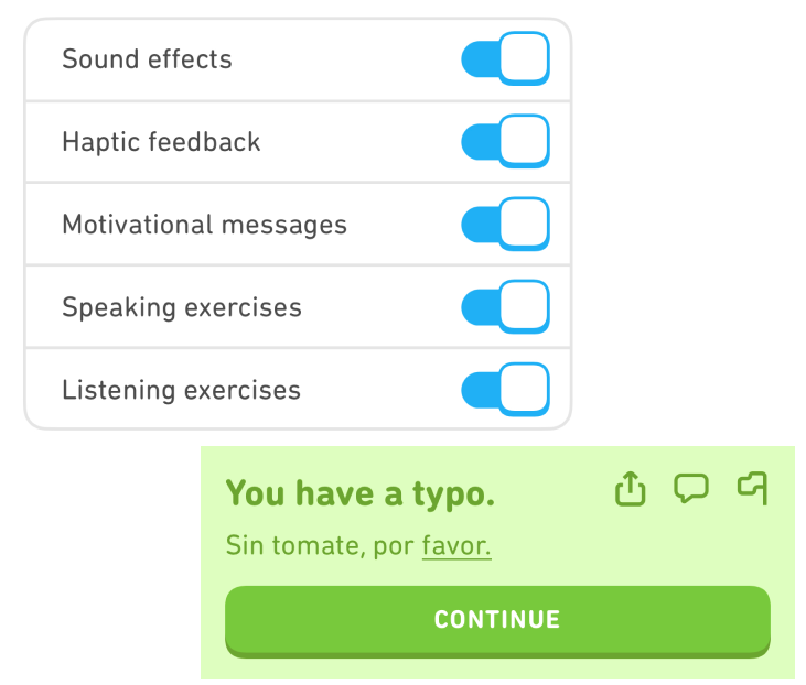 Duolingo settings and example of a lesson correction