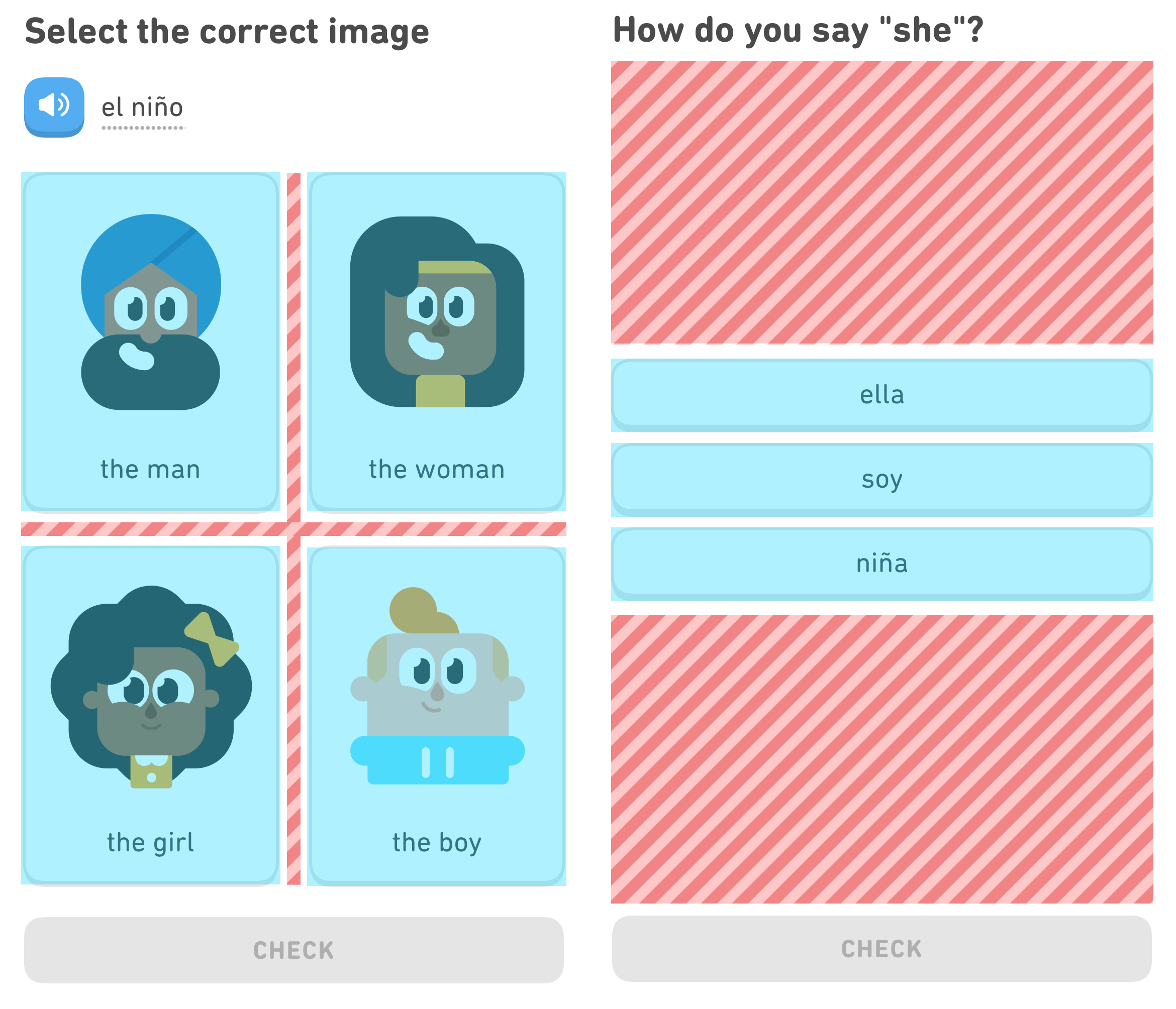 Duolingo interface of an excercise with markings of clickable spaces and whitespace