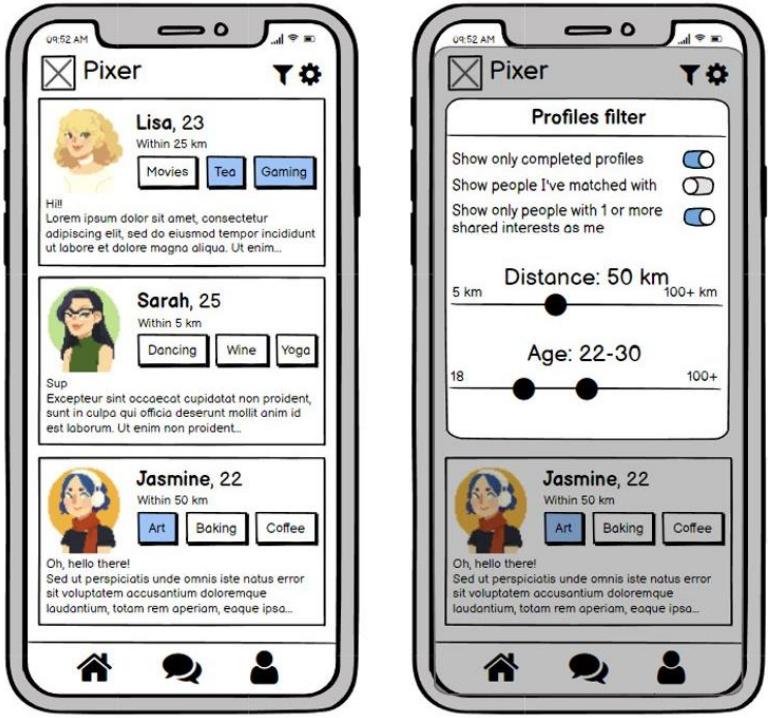 Balsamiq wireframes of Pixer's homepage